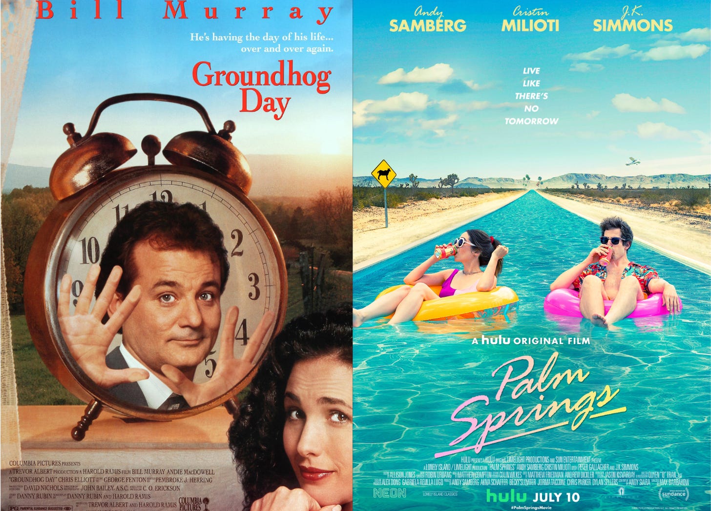 Split screen image featuring the movie posters from Groundhog Day and Palm Springs.