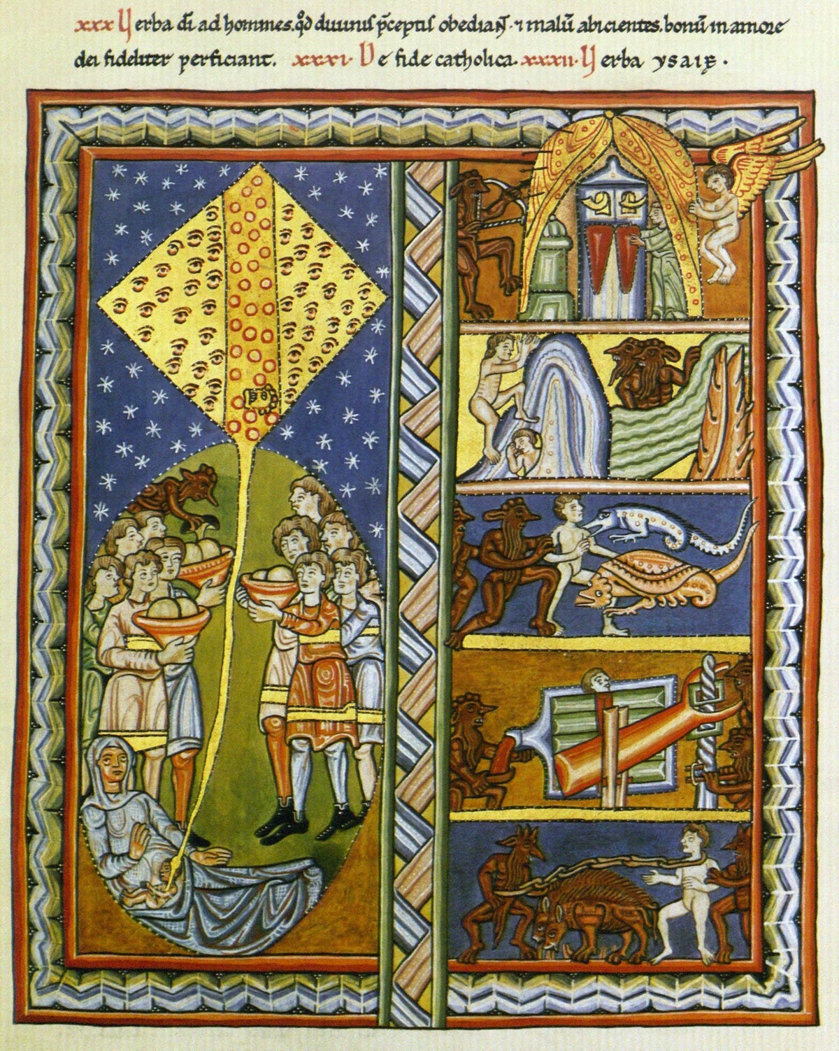 Illumination from Liber Scivias: "Die Seele und ihr Zelt" (The soul and its tent) picturing the divine spark entering the human body (left) and it's journey throughout the challenges and difficulties of life (right, from bottom up) until finding the…