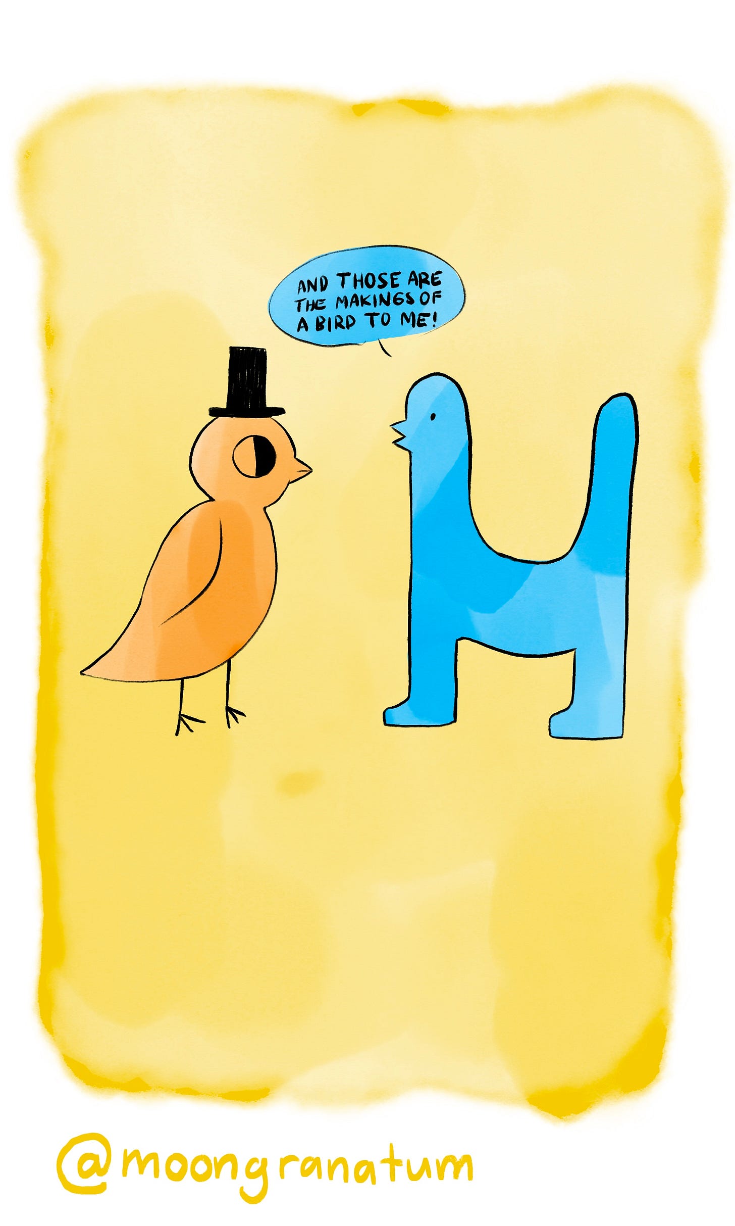 Moongranatum, a digital watercolor comic about birds. Panel 11 text reads: And those are the makings of a bird for me! Moongranatum, a digital watercolor comic about birds. Panel 11 text reads: And those are the makings of a bird for me!