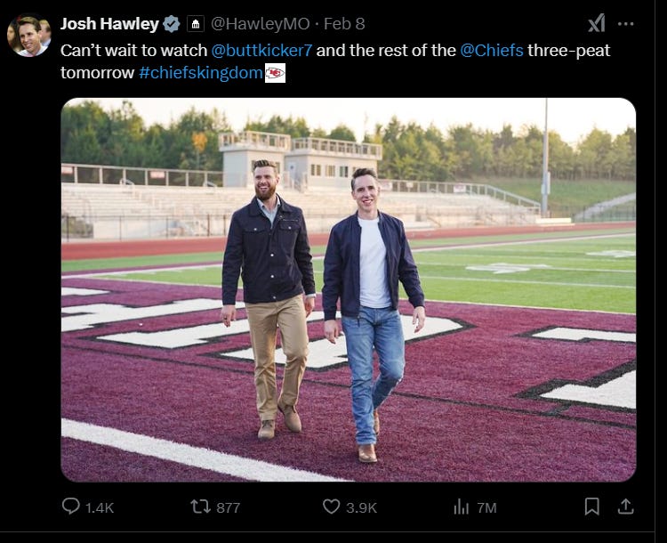 Harrison Butker and Josh Hawley walking on a football field and grinning like huge dorks. Harrison Butker and Josh Hawley walking on a football field and grinning like huge dorks.