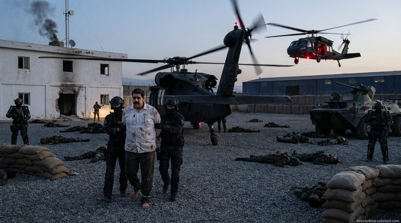 Cinematic 16x9 photographic composition exterior safe house compound courtyard within Fuerte Tiuna military complex at night during extraction climax of raid Tall Venezulean 62 He has a robust burly sturdy build  a solid working-class physiq_image_1