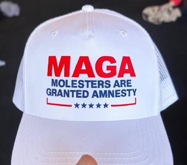 May be an image of hat and text that says 'MAGA MOLESTERS ARE GRANTED AMNESTY'