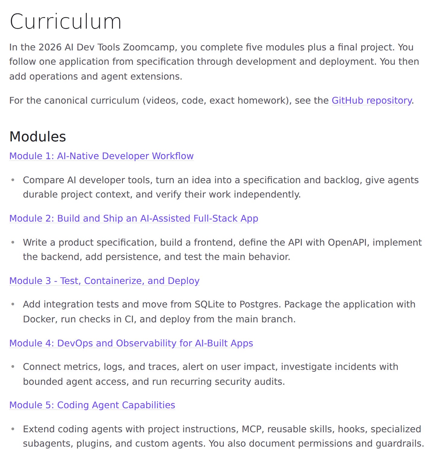 The curriculum page lists five modules covering AI-native workflow, full-stack development, deployment, DevOps and observability, and coding agent capabilities
