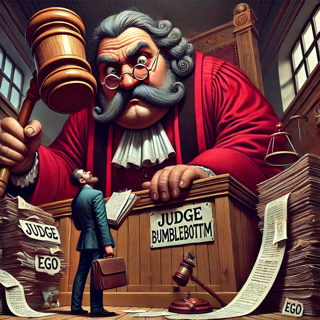 A whimsical and satirical courtroom scene featuring a large, comically villainous judge in exaggerated crimson robes, twirling his mustache and wielding an oversized gavel. The judge sits on a towering bench labeled 'Judge Bumblebottom,' looking down at a bewildered self-represented father clutching a disorganized binder of documents. The setting includes absurd elements like a gavel made of Ego Wood, a clerk with an impossibly long scroll, and a bailiff holding a butterfly net. The atmosphere is exaggerated and darkly humorous, highlighting the whimsical absurdity of the situation.