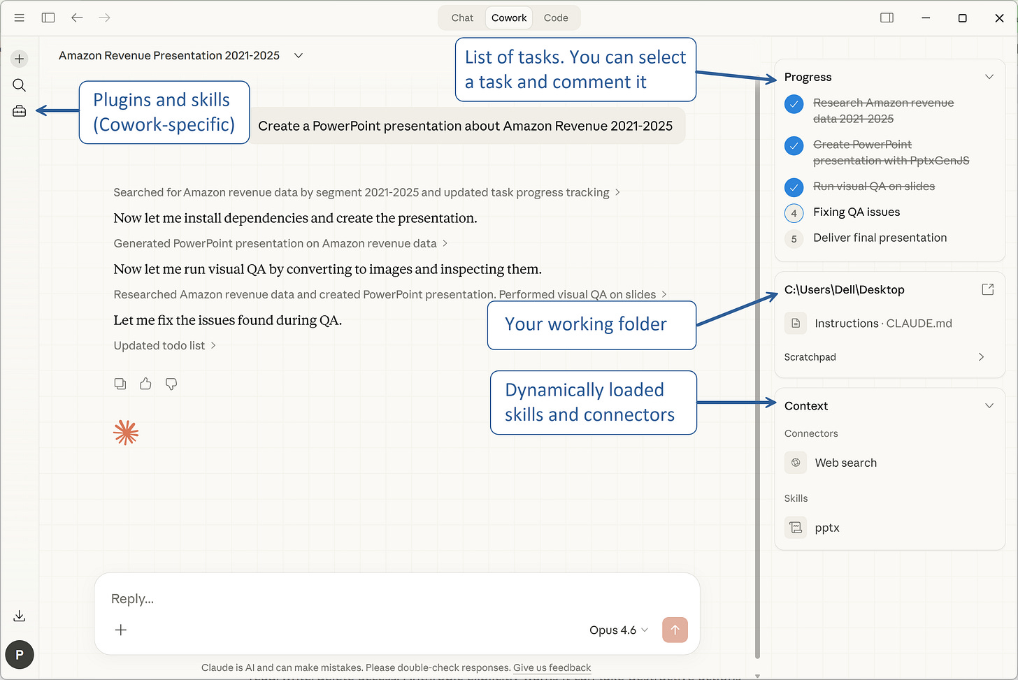 Cowork Example: Cowork working on a PowerPoint presentation about Amazon Cowork Example: Cowork working on a PowerPoint presentation about Amazon