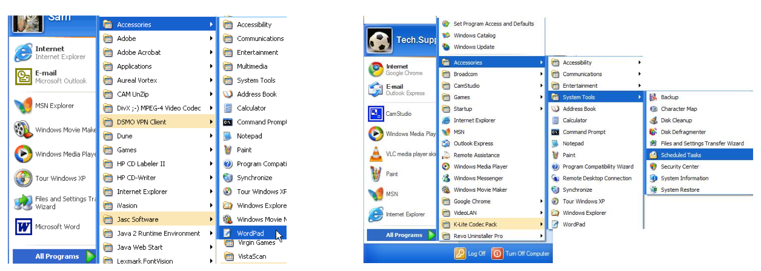 Two examples of Windows XP start menus that are very crowded. Two examples of Windows XP start menus that are very crowded.