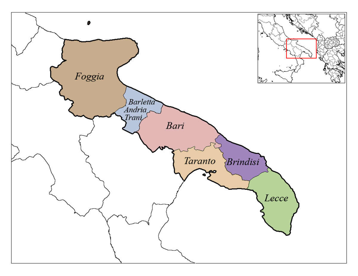 Six provinces make up the Puglia or Apulia region on the southeast coast of Italy.