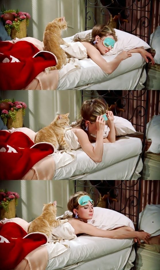 This may contain: a woman laying on top of a bed next to a cat and talking on a phone