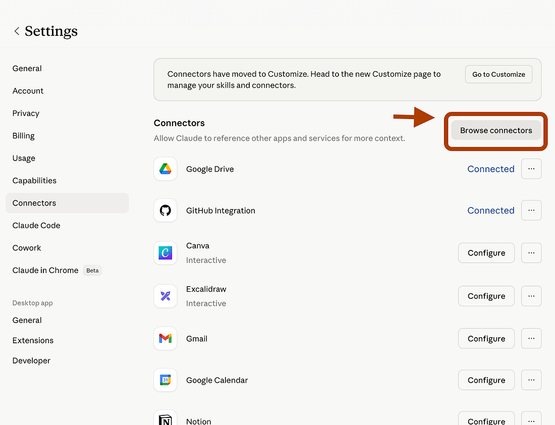 Claude Desktop settings panel showing the Connectors tab selected with the Browse Connectors button visible