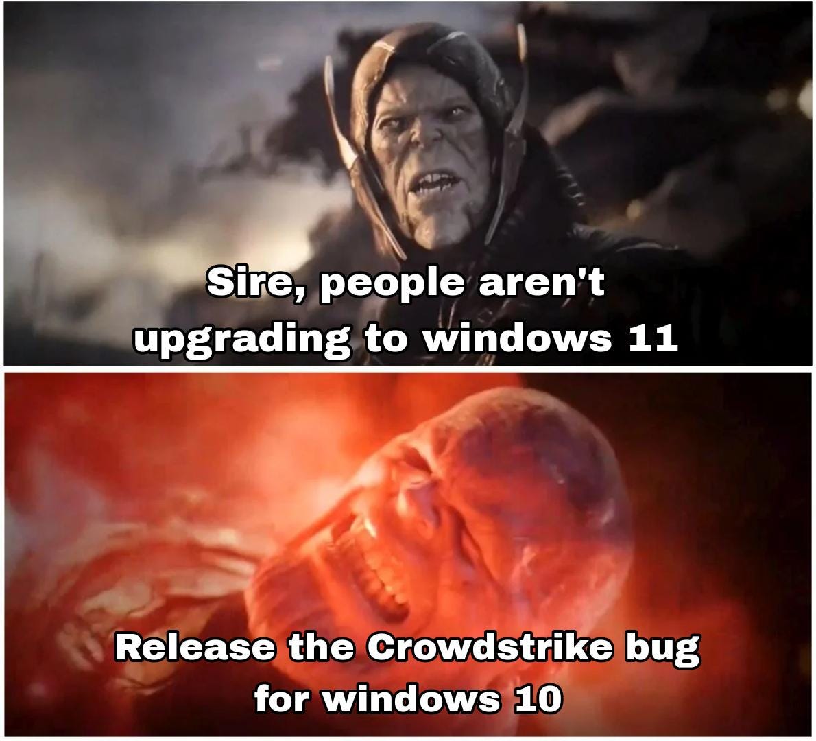 Meme with a joke about the CrowdStrike outage and Windwos