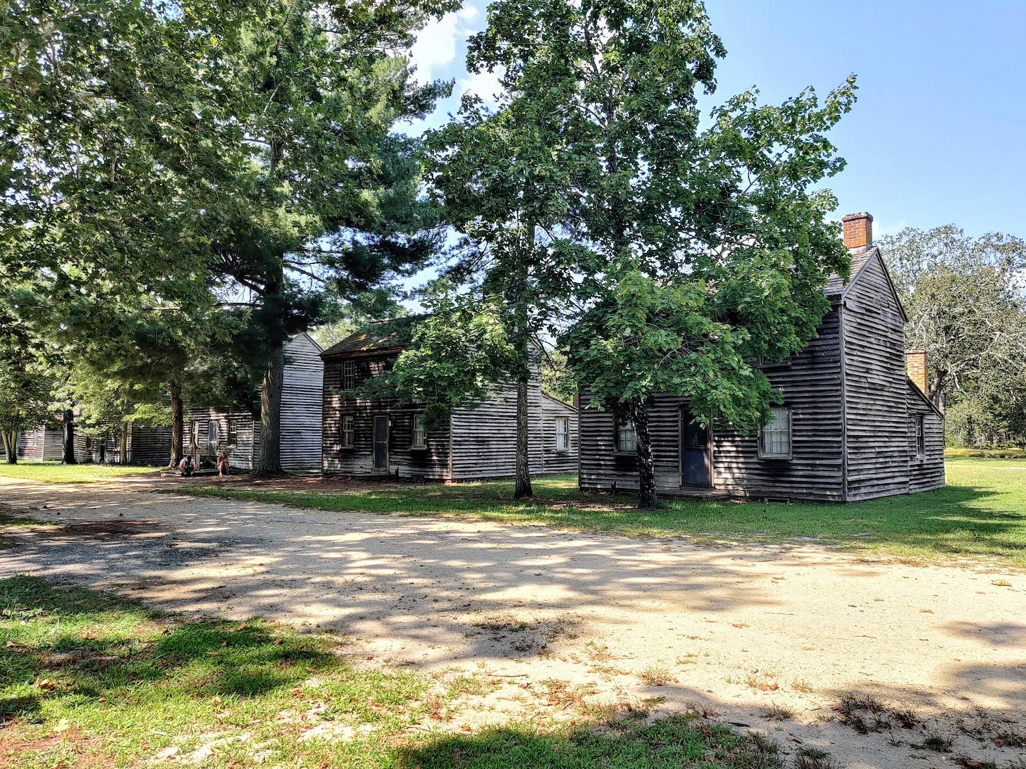 Four old slat board two- story homes on a dirt lane with trees.