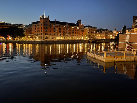 A photo of step railings from a jetty into the water on a sunny day with blue sky, a night photo from Stockholm of a building with warm lights and glittery water, a close up of red berries hanging on a tree