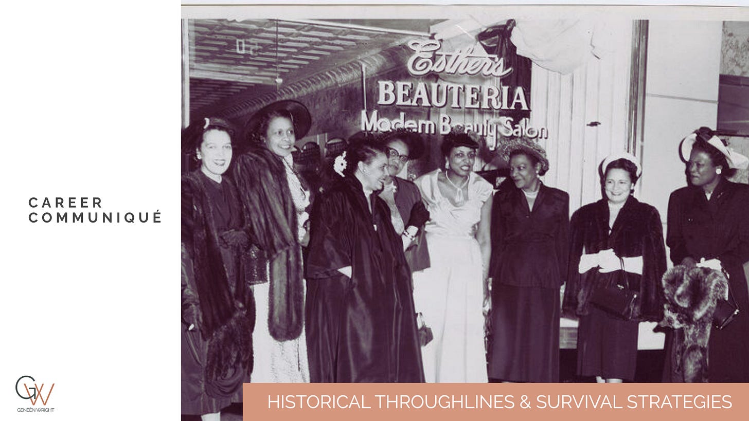 Black women standing together outside Ester’s Beauteria, a modern beauty salon; historical photograph showing salon owners and community members posed in front of the storefront.