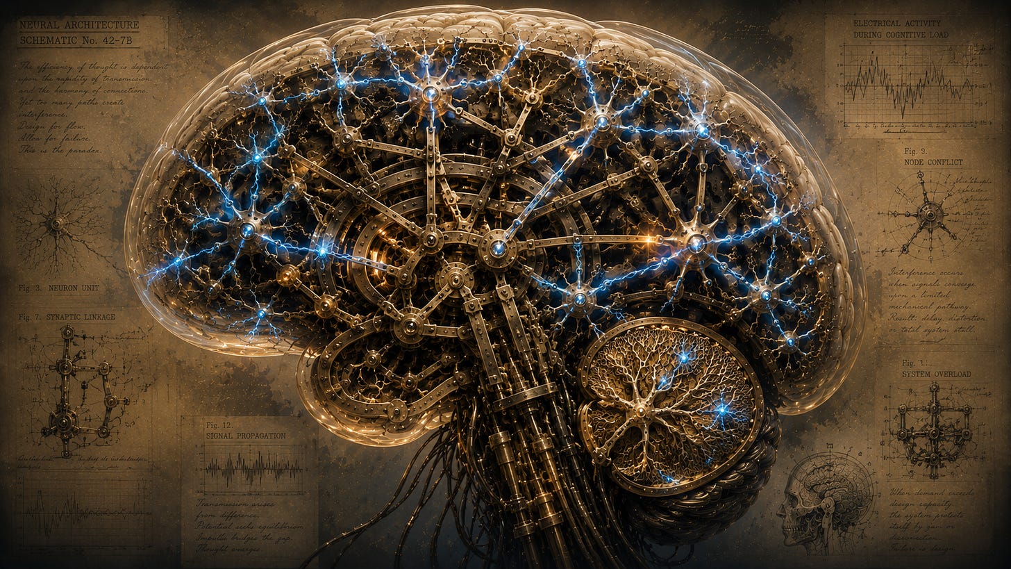 A 16:9 painterly surreal illustration of a cross-sectioned human brain rendered as a brass and copper mechanical apparatus. Blue electrical connections arc across neuron-like nodes while tangled metal arms and synaptic mechanisms suggest jammed typewriter typebars. Faint anatomical diagrams and engineering schematics surround the brain in warm, smoky light.