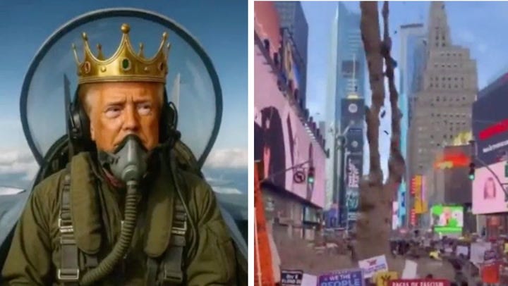 Trump posts AI video of himself flying KING TRUMP jet and bombing  protesters with brown liquid