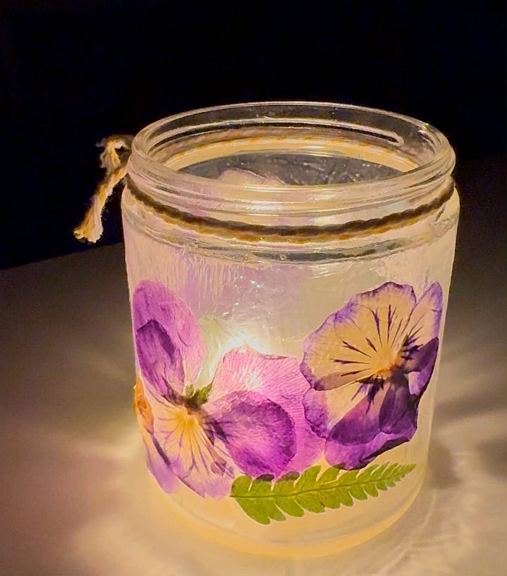 This month at The Kitchen Table we worked on two creative projects, both using pressed flowers-Candle holders and inspired by Lise-Lotte Design, we made stickers. 