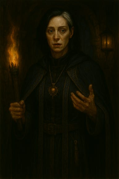 A dark fantasy portrait of Clarion, a tall, statuesque priestess with black shoulder-length hair and a single white streak at the front, speaking gently to Sasha in a quiet moment. Clarion has high cheekbones, a strong jawline, and steel-grey eyes filled with solemn warmth. She wears deep indigo and silver ceremonial robes with torchlight embroidery, her posture upright yet tender. Sasha, younger and more compact, listens intently with wide, expressive eyes, her auburn hair tousled and her expression vulnerable. The setting is a quiet alcove in Castle Ravenloft, lit by soft torchlight and moonlight through stained glass. Clarion’s face is calm but pained, as she shares a memory of being bullied as a child. Sasha sits close, her body language open and protective. The atmosphere is intimate, emotional, and steeped in gothic melancholy.