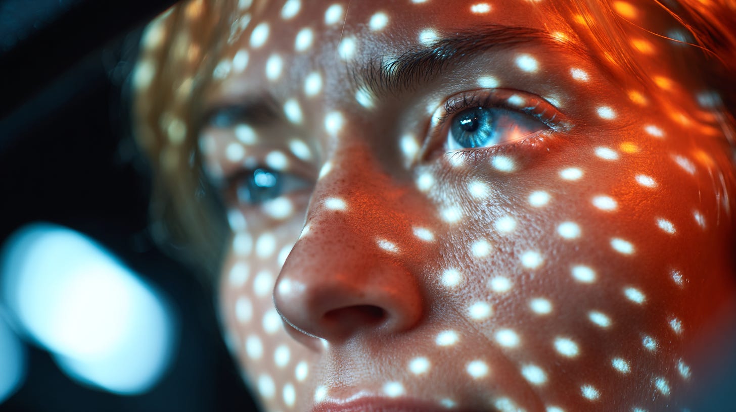 A beautiful blonde woman is driving in the car, her face illuminated by bright light dots from above reflecting the strong LED lights, which forms geometric dot patterns over her eyes and mouth, futuristic --ar 16:9 --profile 5nv9sv3 --v 7 A beautiful blonde woman is driving in the car, her face illuminated by bright light dots from above reflecting the strong LED lights, which forms geometric dot patterns over her eyes and mouth, futuristic --ar 16:9 --profile 5nv9sv3 --v 7