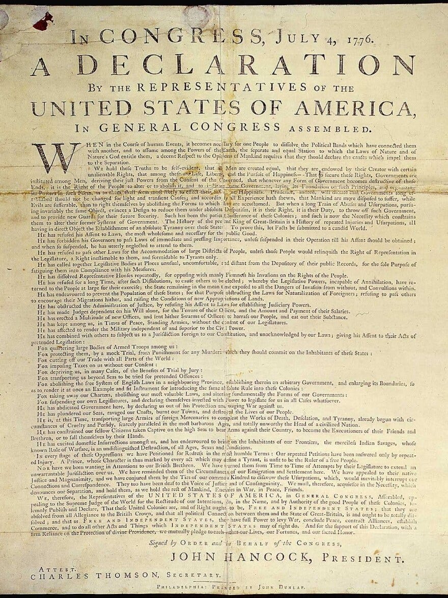 Several copies of the Declaration of Independence were printed on July 4, 1776, by John Dunlap, printer to the Continental Congress. There are 26 'Dunlap Broadsides' known to exist today. Several copies of the Declaration of Independence were printed on July 4, 1776, by John Dunlap, printer to the Continental Congress. There are 26 'Dunlap Broadsides' known to exist today.