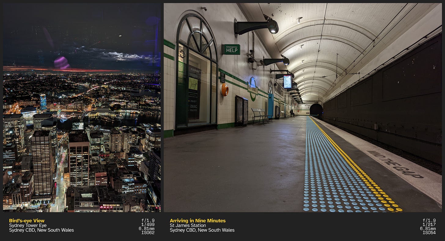 Left: A night shot of the Sydney skyline with buildings and roads with vehicles lit up. The sun can be seen setting at the center-left; Right: An empty platform of an underground train station. To the bottom, center-right is the blue and yellow line with the "Mind the Gap" wording by the platform edge
