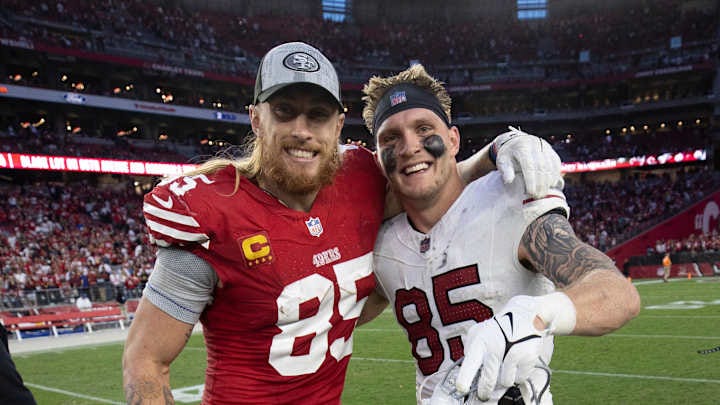 San Francisco 49ers tight end George Kittle (L) and Arizona Cardinals tight end Trey McBride (R)