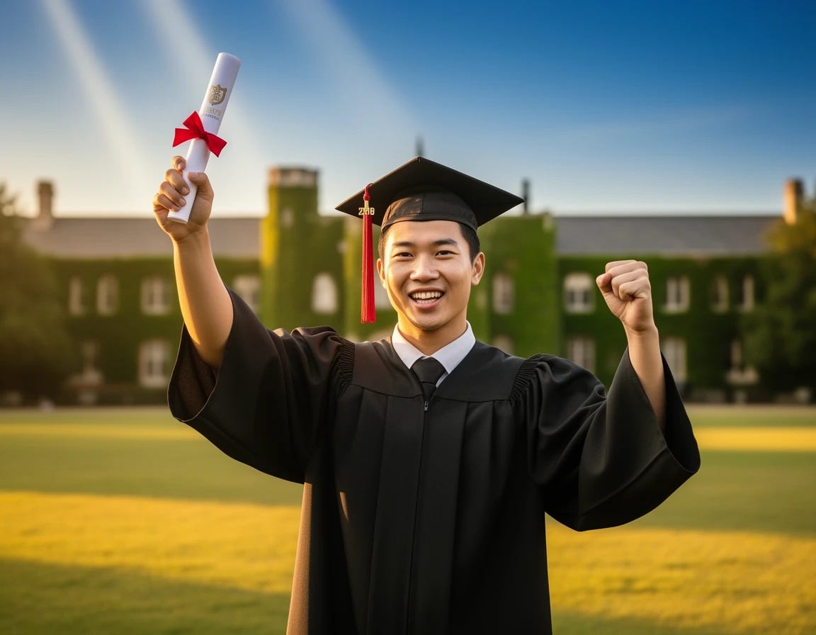 college graduate in gown and hat celebrating with his diploma in hand