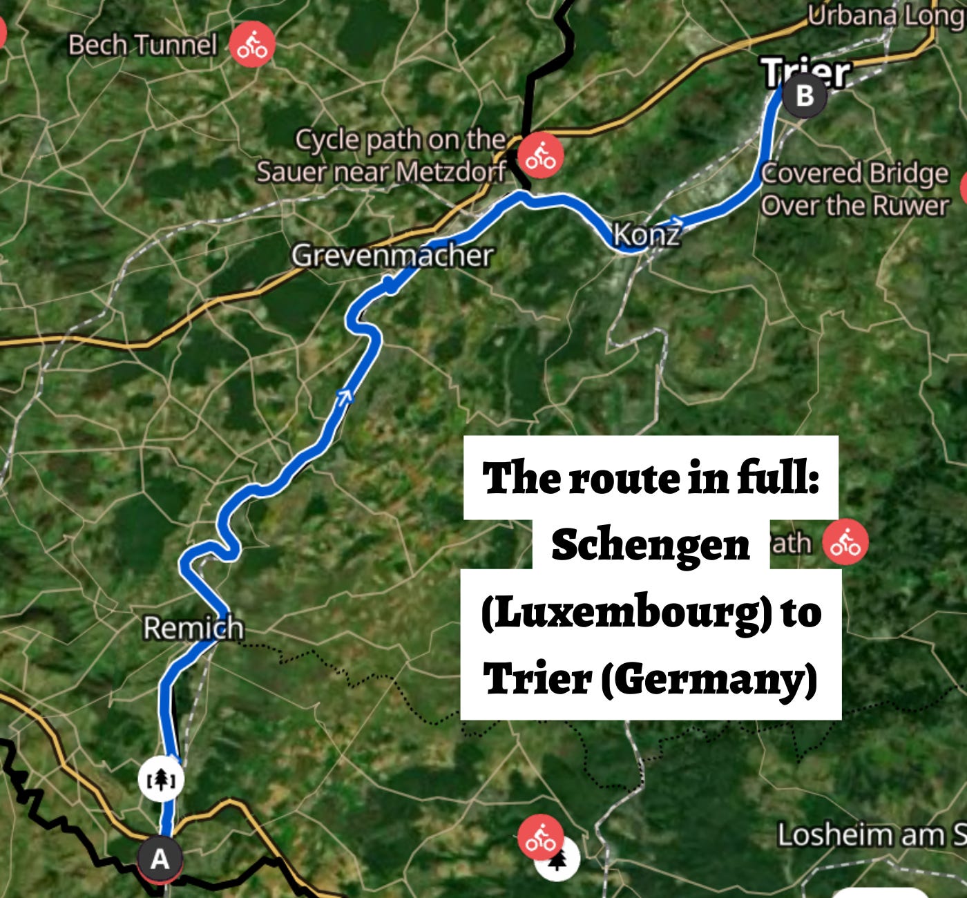 A screenshot of a Google map showing a cycle route from Schengen to Trier