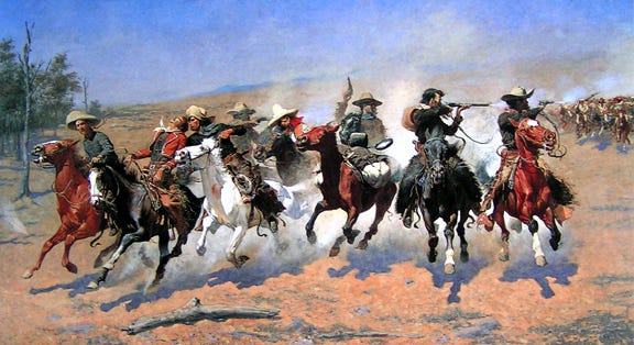 Cowboys on galloping horses flee toward trees while firing back at pursuers Cowboys on galloping horses flee toward trees while firing back at pursuers