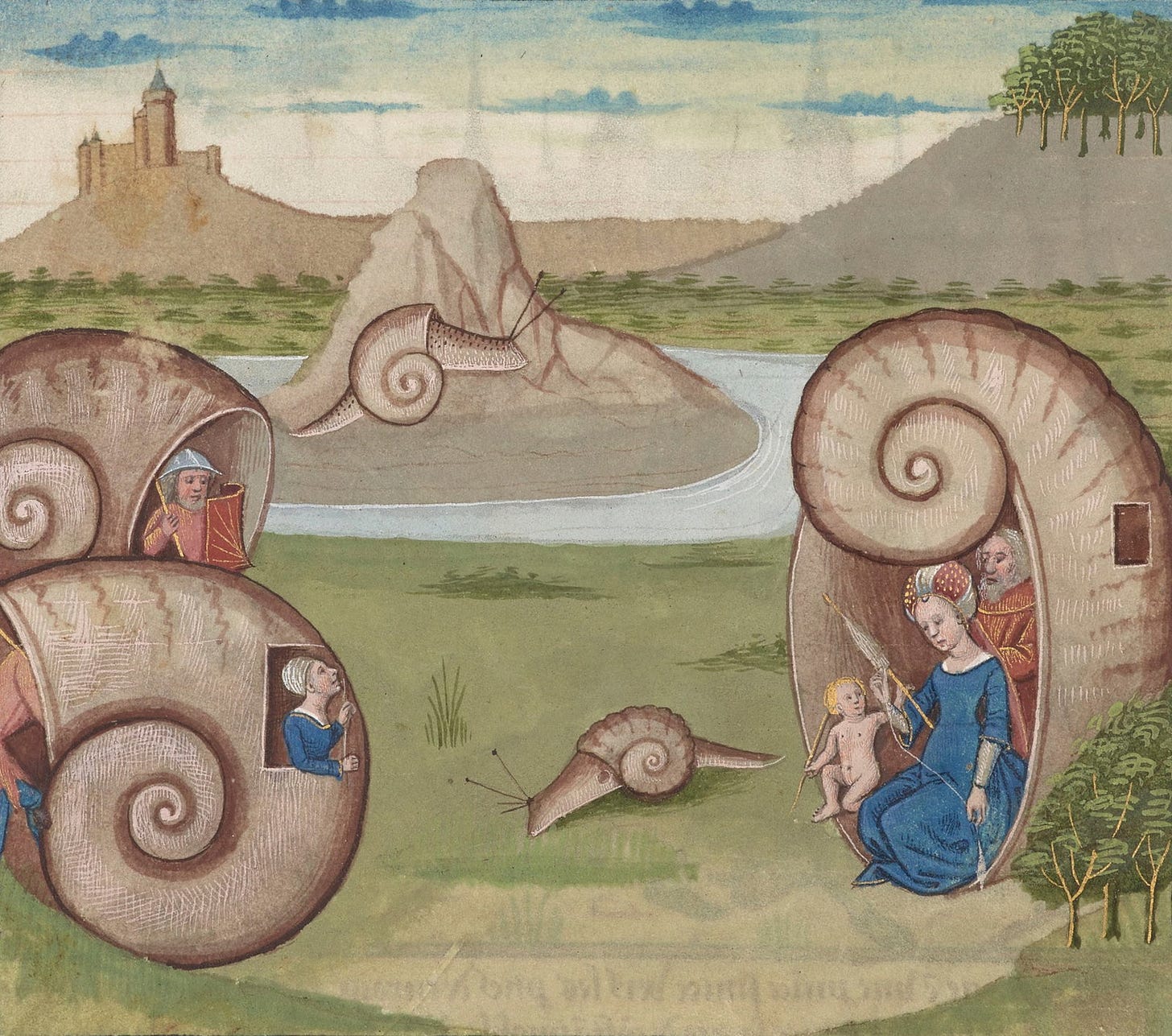 giant snail shells — Robert Testard, Traponee (f. 60v) from Les secretz de l'histoire naturelle, ca. 1485, Bibliothèque nationale de France, Français 22971 / public domain (via The Public Domain Review) giant snail shells — Robert Testard, Traponee (f. 60v) from Les secretz de l'histoire naturelle, ca. 1485, Bibliothèque nationale de France, Français 22971 / public domain (via The Public Domain Review)