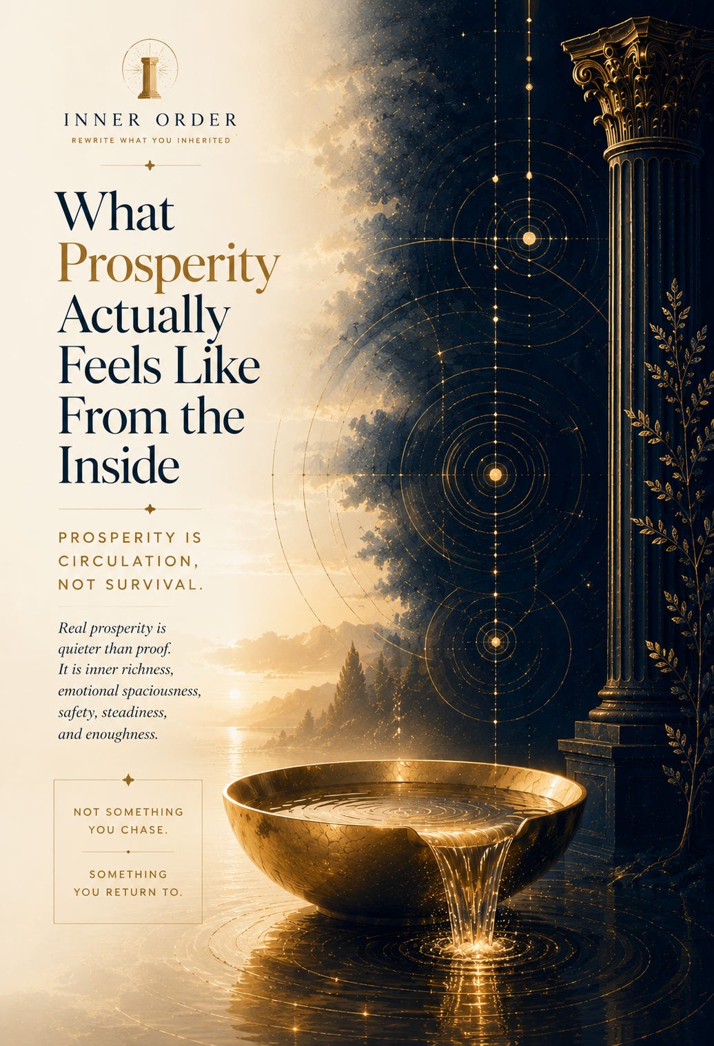 Editorial Pinterest pin in cream, navy, and gold tones featuring large serif typography reading “What Prosperity Actually Feels Like From the Inside.” The left side shows a luminous cream landscape with calm reflective water and soft golden light, while the right side features deep navy celestial geometry and an ornate architectural column. At the bottom center, a glowing golden bowl overflows into rippling water surrounded by circular gold linework, symbolizing prosperity as circulation, steadiness, and inner richness rather than survival or external proof. Editorial Pinterest pin in cream, navy, and gold tones featuring large serif typography reading “What Prosperity Actually Feels Like From the Inside.” The left side shows a luminous cream landscape with calm reflective water and soft golden light, while the right side features deep navy celestial geometry and an ornate architectural column. At the bottom center, a glowing golden bowl overflows into rippling water surrounded by circular gold linework, symbolizing prosperity as circulation, steadiness, and inner richness rather than survival or external proof.