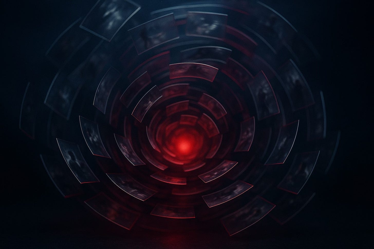Red glowing vortex of rotating media frames converging toward a central attention source. Red glowing vortex of rotating media frames converging toward a central attention source.