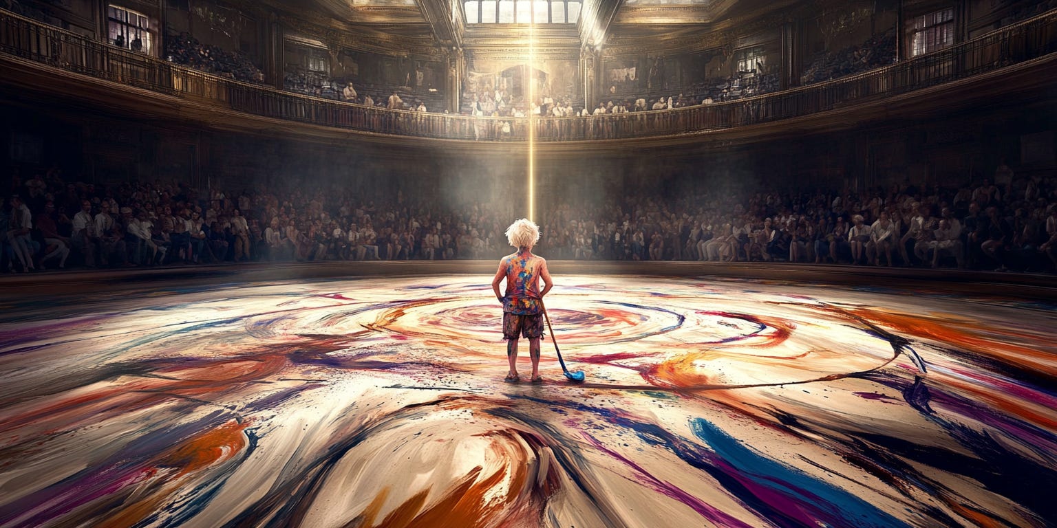 A surreal, circular arena. The arena floor is a giant canvas, half-painted with vibrant, swirling colors. In the center stands a lone figure, paintbrush in hand, clothes splattered with paint. 