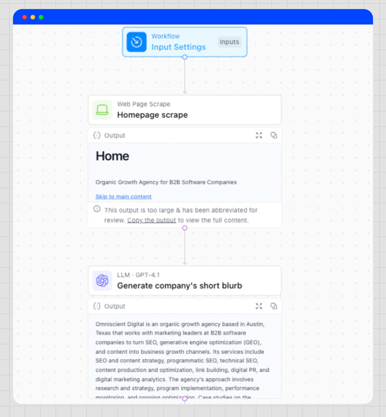 AirOps workflow showing two connected steps: a homepage scrape step pulling raw page content, followed by a GPT-4.1 LLM step generating a short brand positioning blurb from that content.