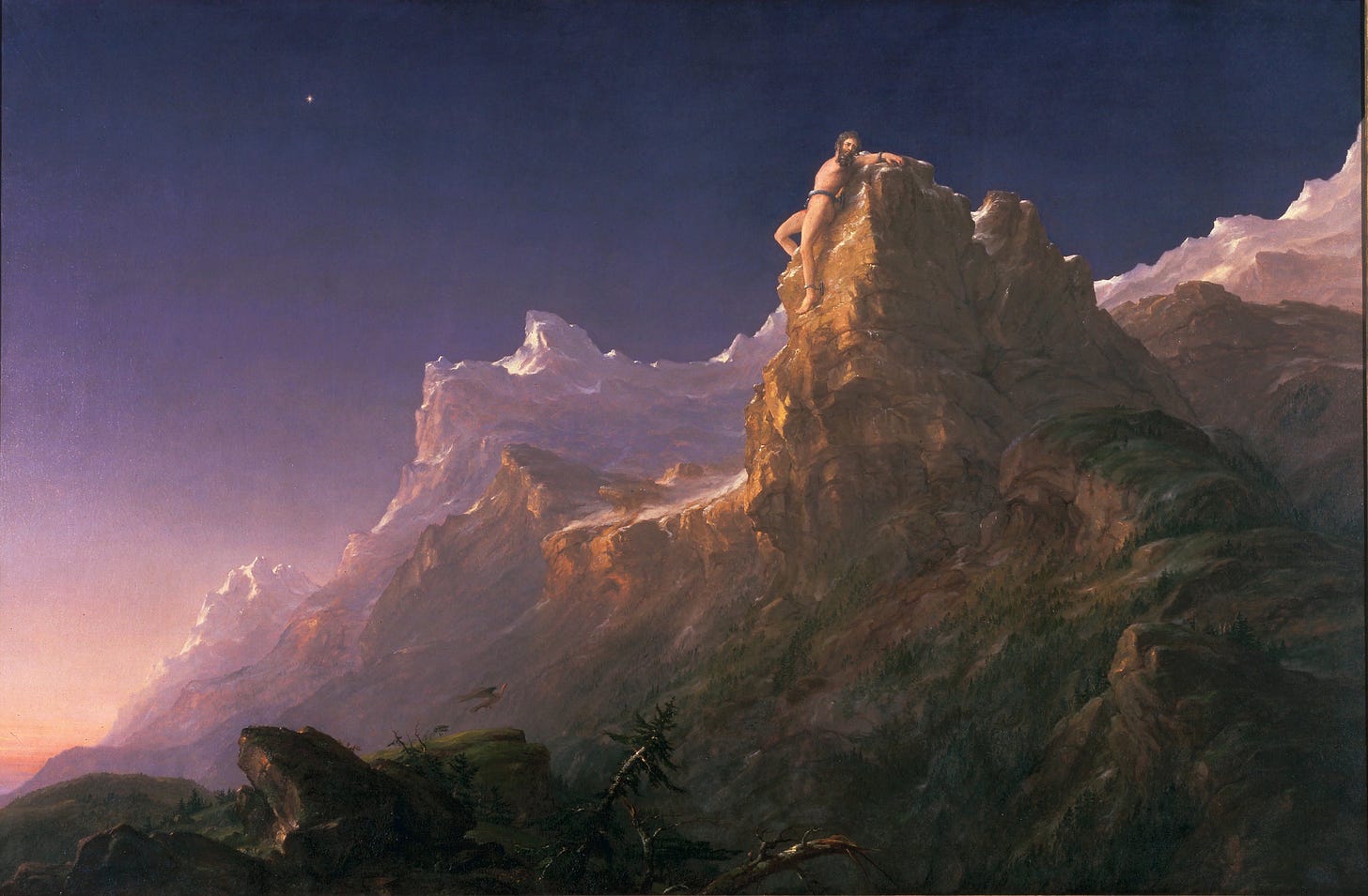 Oil Painting by Thomas Cole - Prometheus Bound. The figure of Prometheus is chained to the rocks on a mountain, overlooking a vast landscape. Oil Painting by Thomas Cole - Prometheus Bound. The figure of Prometheus is chained to the rocks on a mountain, overlooking a vast landscape.