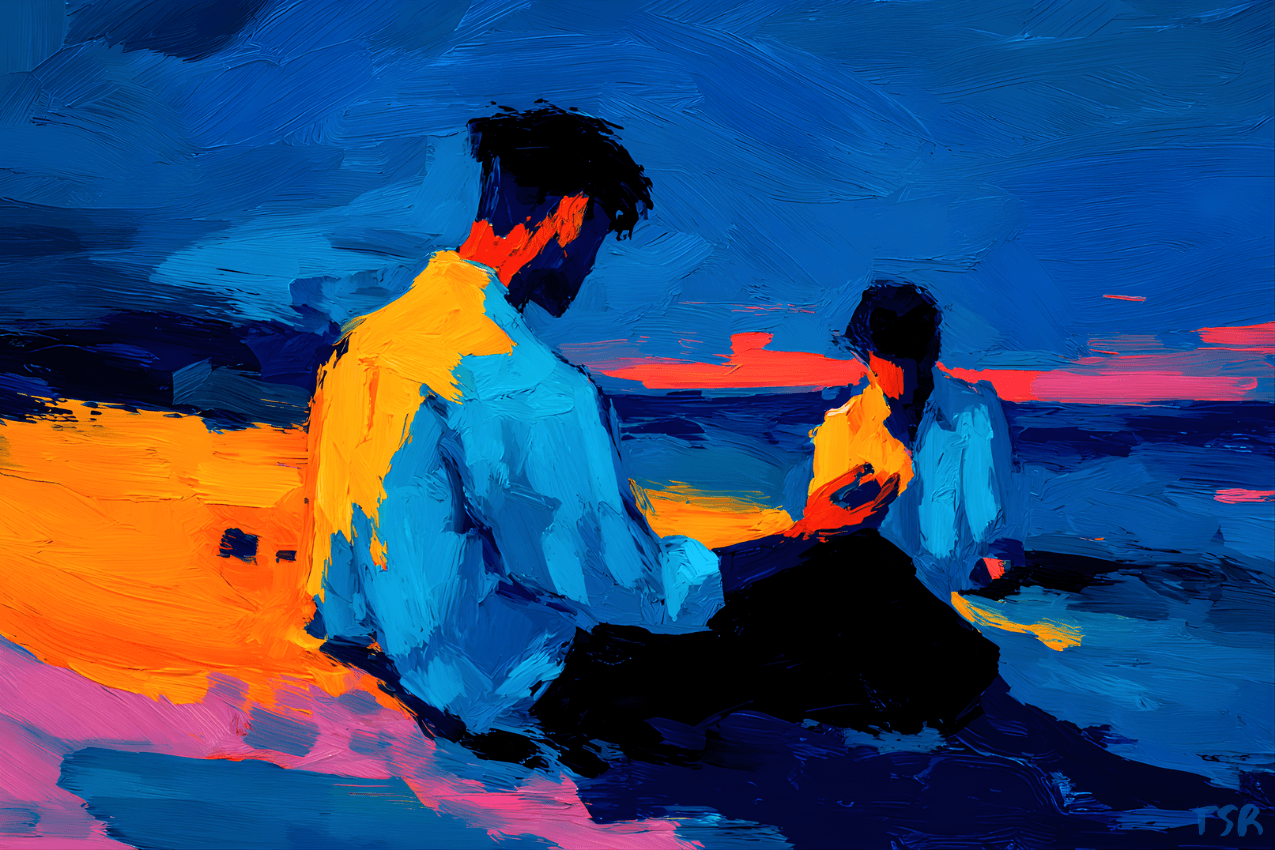 Painterly, vividly colored scene of two men sitting on a beach at sunset. Deep blues and warm oranges fill the sky and sand. One man studies something in his hand, while the other watches him closely, their focus and tension palpable.