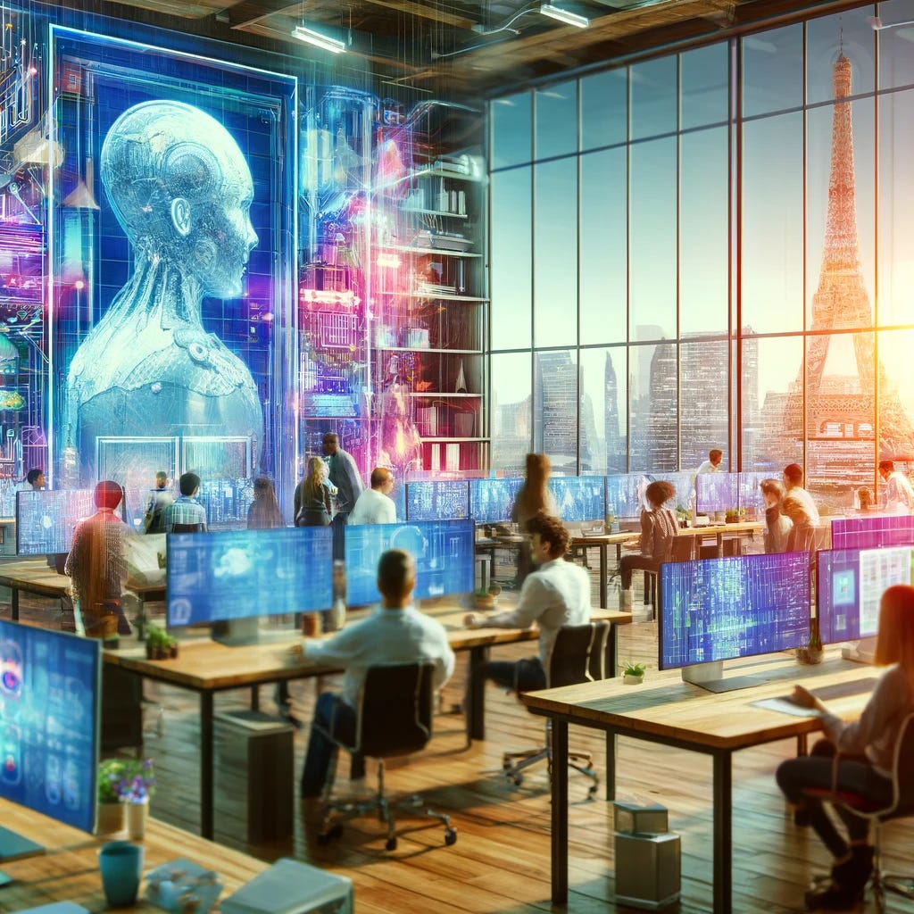 A vibrant scene depicting a modern AI startup office in Paris. The office is bustling with activity, featuring a diverse team of engineers and scientists working collaboratively on high-tech computers. The atmosphere is energetic and innovative, with futuristic elements and advanced AI technology on display. In the background, large windows show a panoramic view of Paris with iconic landmarks like the Eiffel Tower. The office space is sleek and contemporary, reflecting the cutting-edge nature of the AI startup.