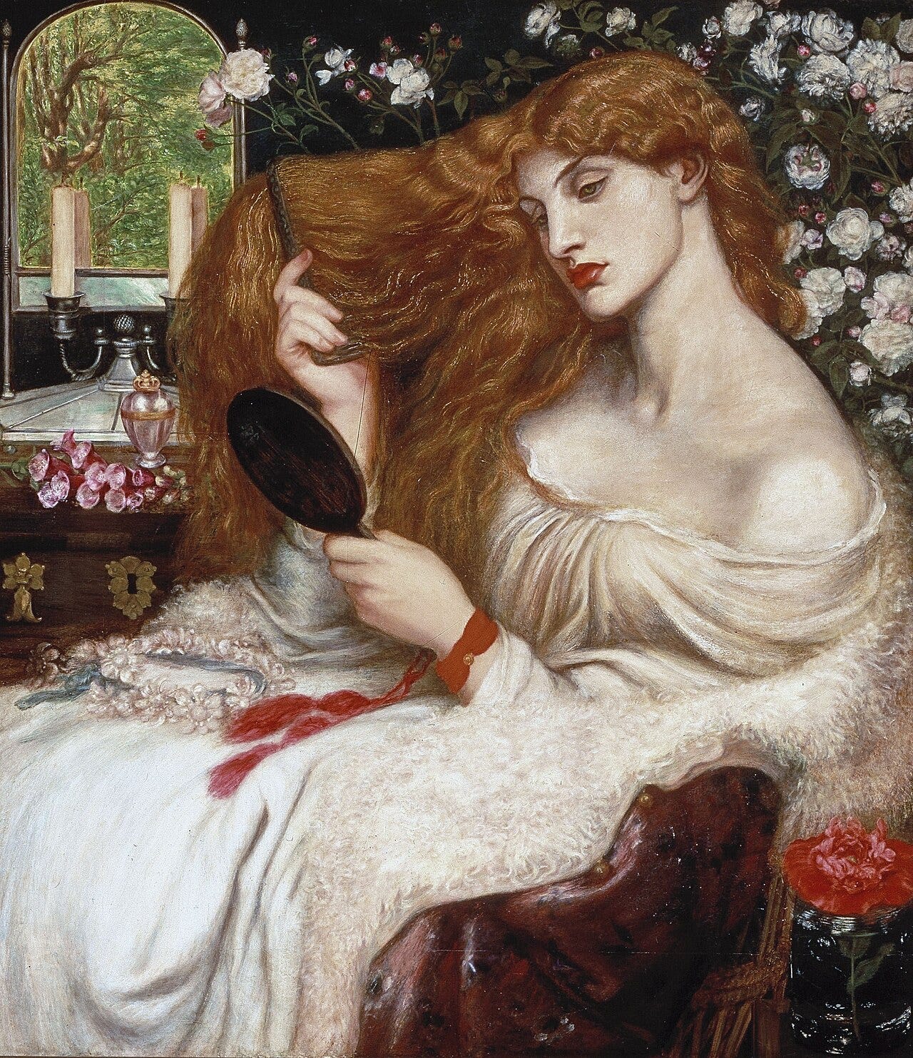 Woman combing her hair before a mirror Woman combing her hair before a mirror