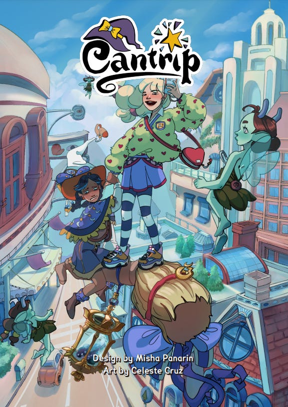 Cover of Cantrip. Design by Misha Panarin. Art by Celeste Cruz. The cover shows two young witches balanced on a broomstick flying through a magical city. They are surrounded by several playful pixies.