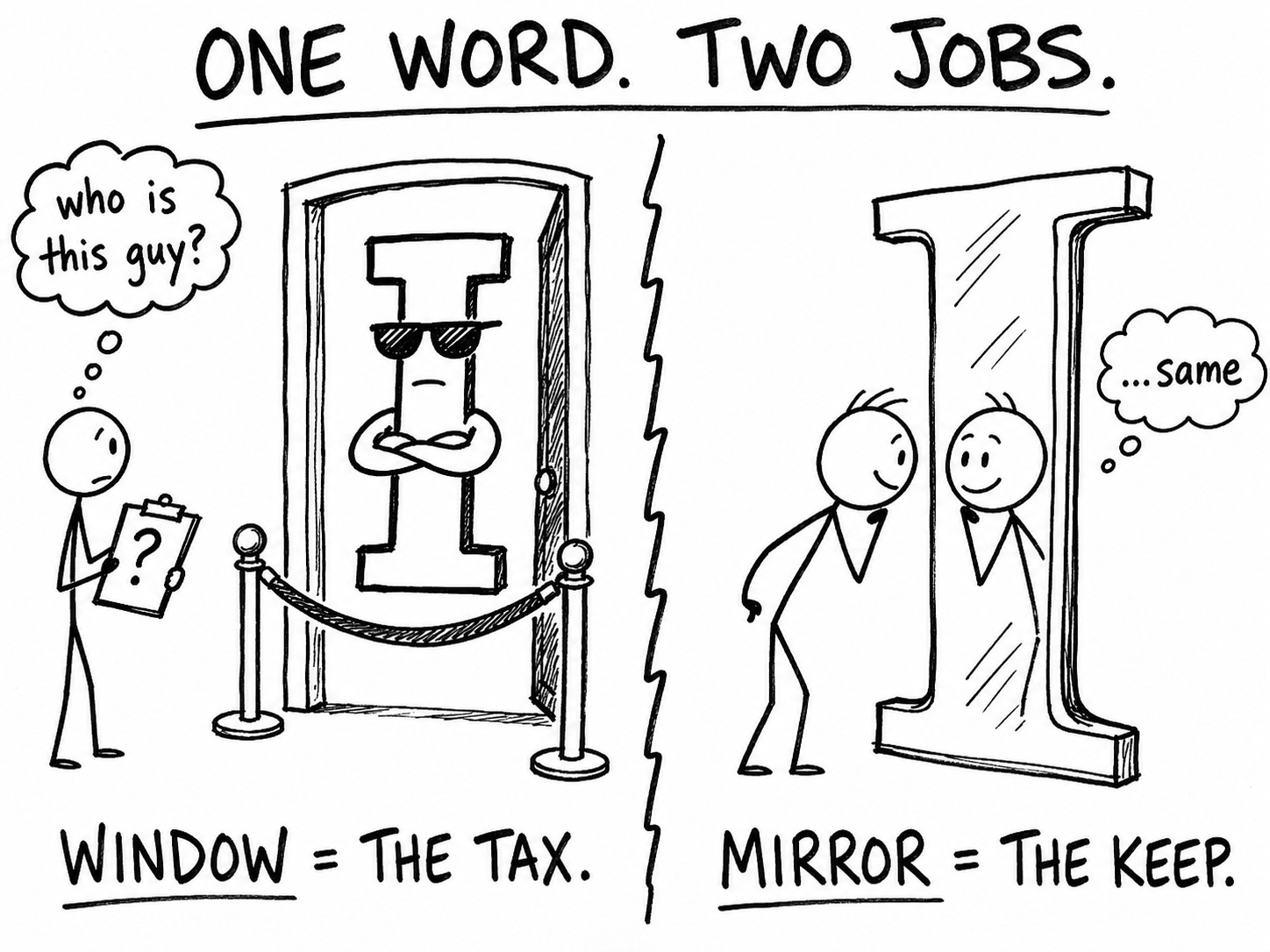 Two-panel hand-drawn sketch titled "One word. Two jobs." Left: the letter I as a sunglasses-wearing bouncer behind a velvet rope, a reader thinking "who is this guy?", labeled Window = the tax. Right: the letter I as a mirror reflecting a reader thinking "...same", labeled Mirror = the keep. Shows how first-person writing opens or fills you-shaped holes, making readers audit you or see themselves. Two-panel hand-drawn sketch titled "One word. Two jobs." Left: the letter I as a sunglasses-wearing bouncer behind a velvet rope, a reader thinking "who is this guy?", labeled Window = the tax. Right: the letter I as a mirror reflecting a reader thinking "...same", labeled Mirror = the keep. Shows how first-person writing opens or fills you-shaped holes, making readers audit you or see themselves.