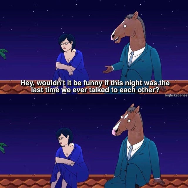 r/BoJackHorseman - Hey, wouldn't it be funny if this night was the last time we ever talked to each other? bojackscenes