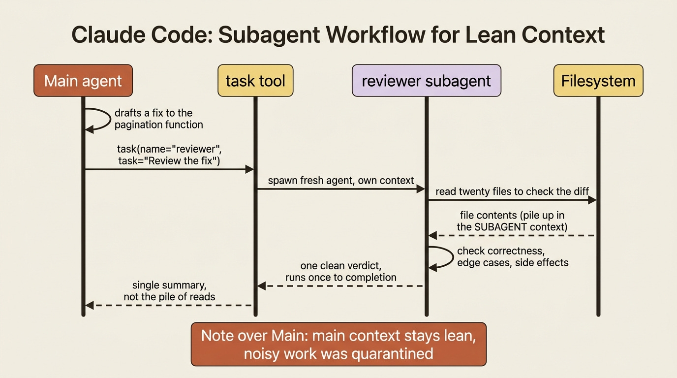 A sequence diagram of the main agent delegating a code review through the task tool to a reviewer subagent, which reads twenty files in its own context and returns a single clean verdict, leaving the main context lean. A sequence diagram of the main agent delegating a code review through the task tool to a reviewer subagent, which reads twenty files in its own context and returns a single clean verdict, leaving the main context lean.