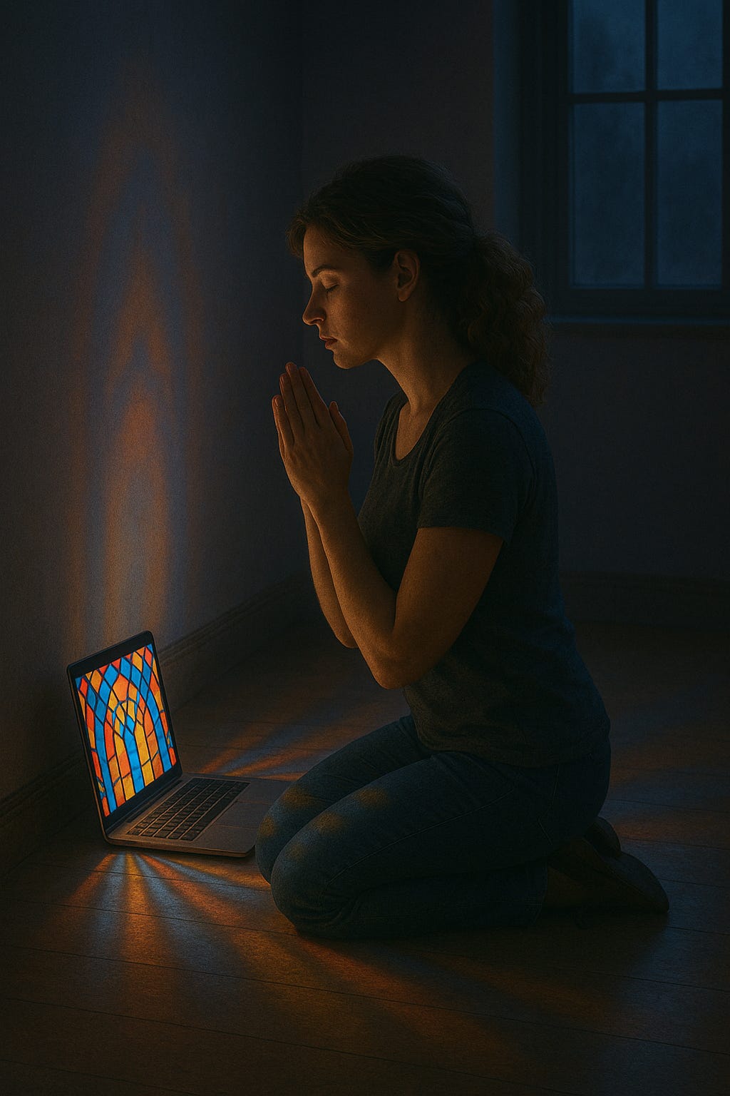A woman kneels in a dark room, hands clasped in prayer, facing a laptop screen glowing with stained glass imagery that casts cathedral-like light on the walls.