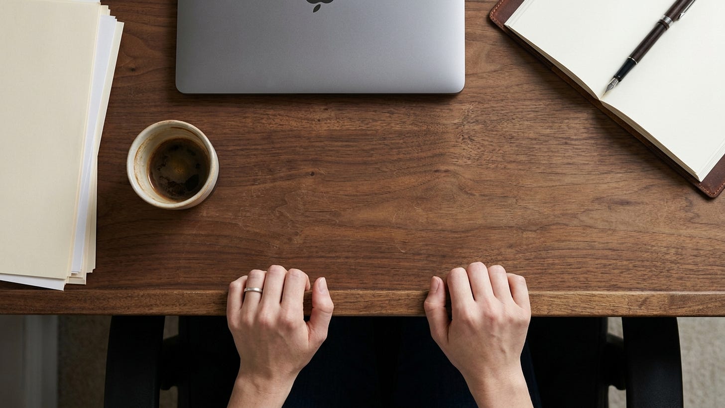 A pair of slender female hands gripping the edge of an elegant hardwood desk, shot from above. The hands are tense, knuckles slightly white from pressure, short natural nails. On the desk: a neat stack of papers with crisp edges, a sleek laptop with dim screen, a delicate porcelain coffee cup with cold coffee still in it, and a quality fountain pen lying across a leather-bound notebook. Soft natural light from a window. The scene communicates understated wealth and order, but the grip on the desk edge reveals the pressure underneath: she does everything right, but it's not hers.