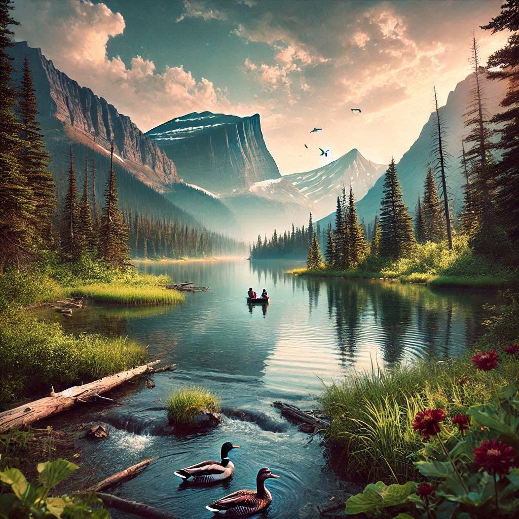 wildlife in glacier park summertime in the style of albert bierstadt