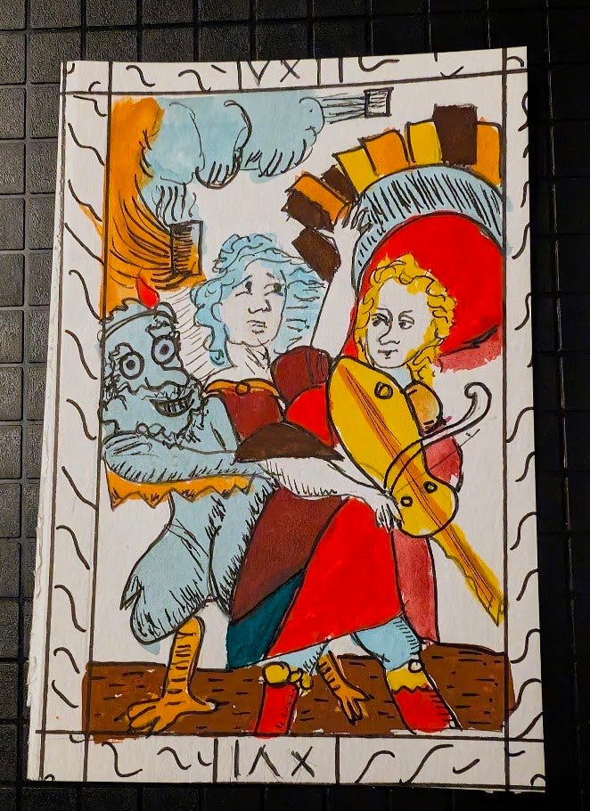 Colourful hand-drawn tarot-style illustration featuring a fantastical birdlike creature, a pale-haired figure and a blond violinist, with red, orange and blue details framed by Roman numerals. Colourful hand-drawn tarot-style illustration featuring a fantastical birdlike creature, a pale-haired figure and a blond violinist, with red, orange and blue details framed by Roman numerals.