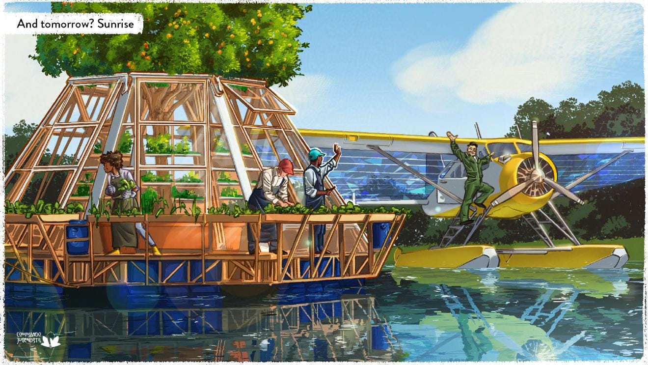 Floating green house with a fruit tree in the middle. People on the floating platform are waving to a pilot of a solar-powered water plane