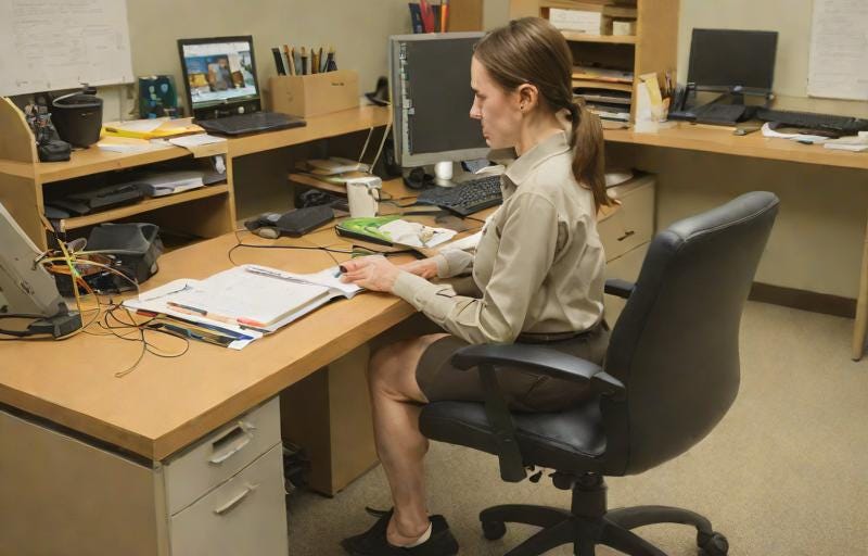 AI generated image of a boring white woman with literally one leg sitting at a work desk
