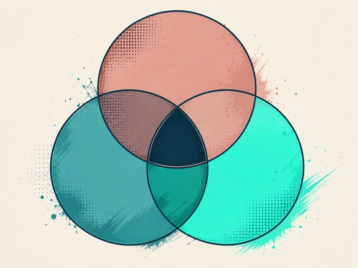Abstract graphic-novel style Venn diagram with three equal overlapping circles in teal, aqua, and muted rose on a cream background.
