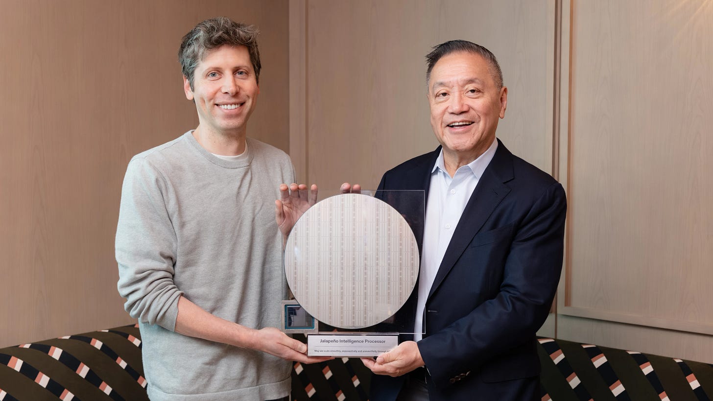 OpenAI and Broadcom leaders display the Jalapeño inference chip.