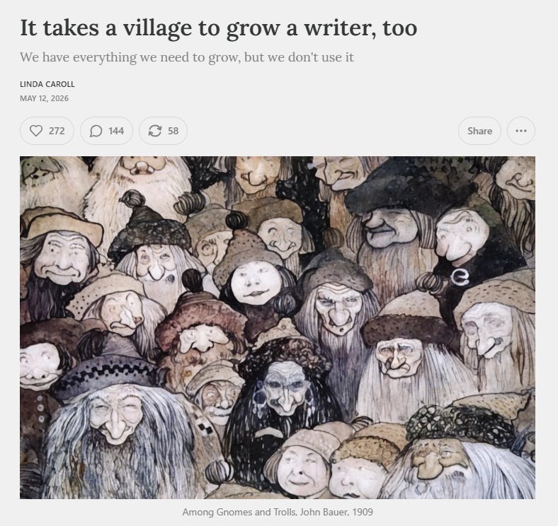 Substack article page titled “It takes a village to grow a writer, too” with a vintage illustration used as the featured image. Substack article page titled “It takes a village to grow a writer, too” with a vintage illustration used as the featured image.